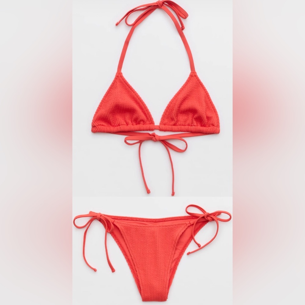 NWT Aerie FULL SET Crinkle String Triangle Top + String Tie Bottom Resort Red M